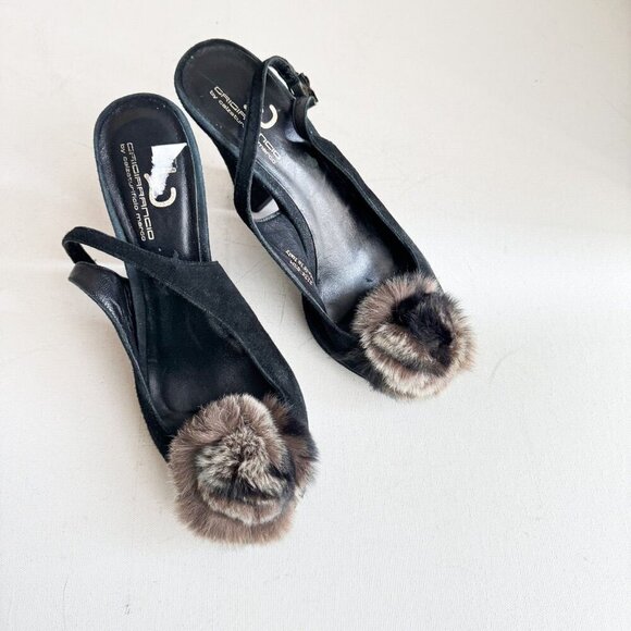 Suede Leather Fur Rosette Detail Peep toe Sling Back Heels 6.5 - Picture 1 of 11